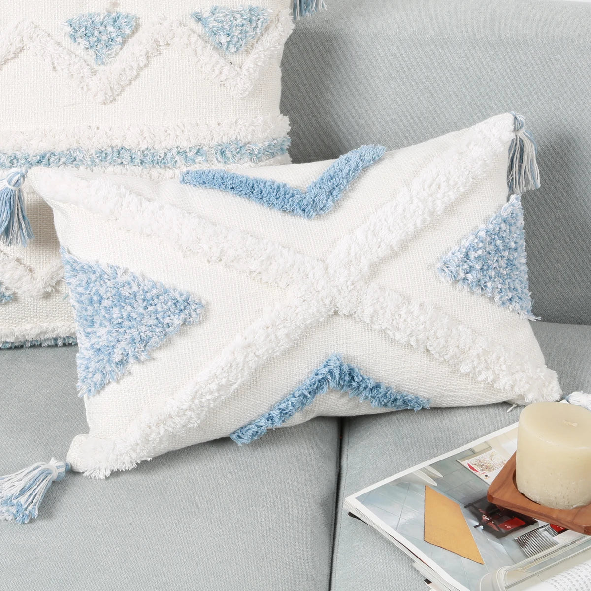 Blue Geometric Pattern Tufted Pillow Cover