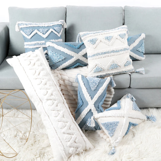 Blue Geometric Pattern Tufted Pillow Cover